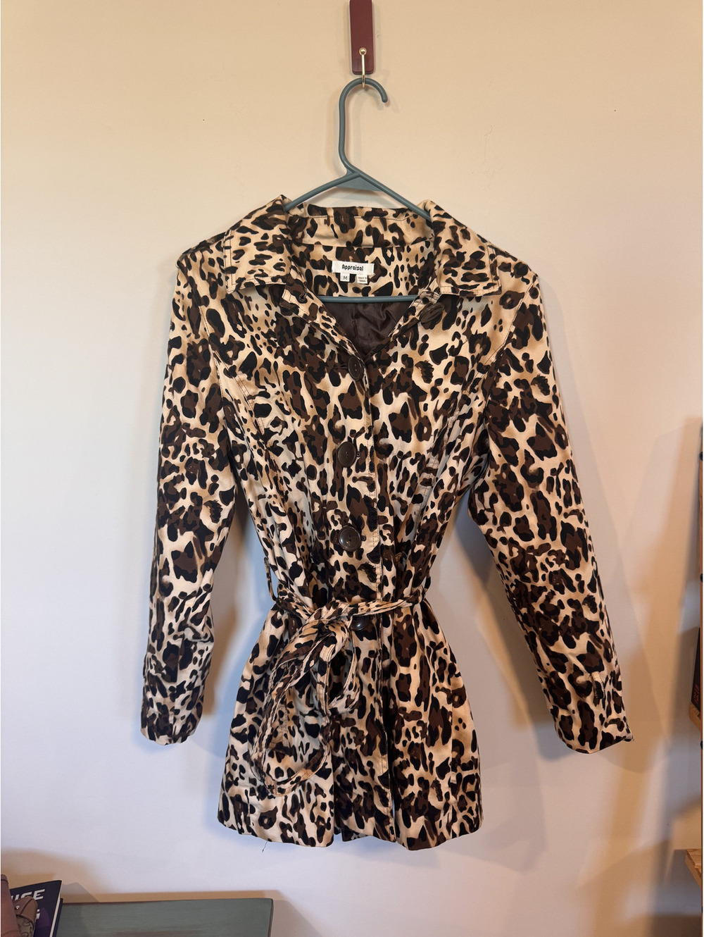Y2K Appraisal Leopard Print Coat Belted Button Front Jacket Women Size M